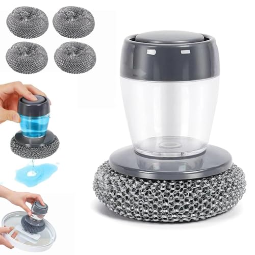 Soap Dispensing Dish Brush, 2 in 1 Kitchen Scrub Brush with Built in Soap Dispenser, Replaceable Dish Scrubber Bristles with Ergonomic Handle for Cleaning Dishes Pots Sinks (1)