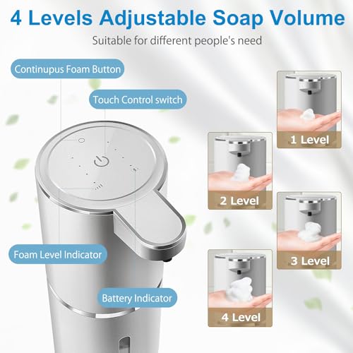Automatic Foaming Soap Dispenser,4-Level Adjustable Foam, Wall Mount, USB Rechargeable,12.8oz/ 380ml,Touchless Hand & Dish Soap Dispenser for Bathroom, Kitchen,Hotel, Restaurant - color: Silvery, style: Foam