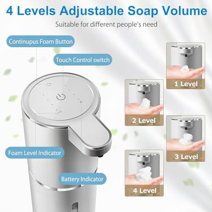 Automatic Foaming Soap Dispenser,4-Level Adjustable Foam, Wall Mount, USB Rechargeable,12.8oz/ 380ml,Touchless Hand & Dish Soap Dispenser for Bathroom, Kitchen,Hotel, Restaurant - color: Silvery, style: Foam