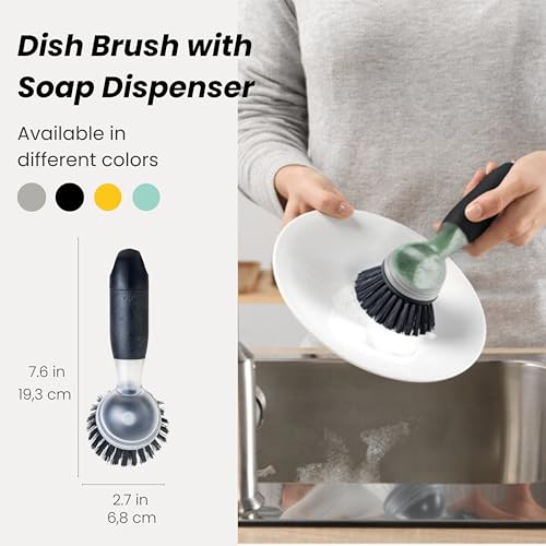 Vigar Rengo Dish Brush with Soap Dispenser - Dish Scrubber with Handle, Kitchen Scrub Brush for Dishes, Sink Cleaning Brush, Soap Dispensing Dish Wand with Nylon Bristles, Non Scratch - Black - color: Black