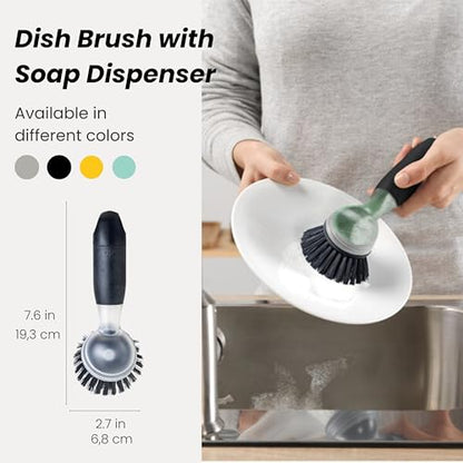 Vigar Rengo Dish Brush with Soap Dispenser - Dish Scrubber with Handle, Kitchen Scrub Brush for Dishes, Sink Cleaning Brush, Soap Dispensing Dish Wand with Nylon Bristles, Non Scratch - Black - color: Black