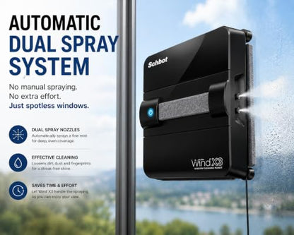 Wind X3 2026 Window Cleaning Robot – Black Robot Window Cleaner with Automatic Spray Function, Suitable for Small and Big Windows with and Without a Frame