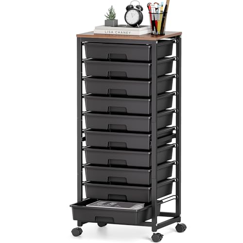 SYKIARIOL Rolling Cart with Drawers,10 Drawer Rolling Cart,Storage Cart,Utility Cart,Teacher Cart for Classroom Storage,Craft Cart with Wheels and Wooden Tabletop,Black - color: Black
