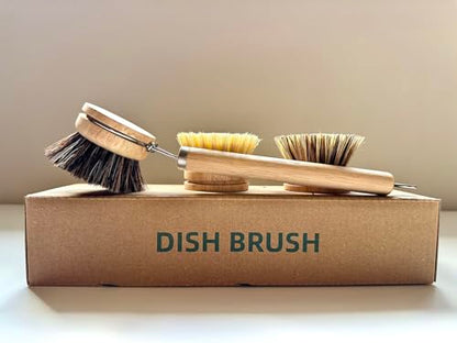 Bamboo Dish Brush with Handle, 1 Sturdy Wooden Handle with 3 Natural Bristle Heads, Horsehair, Sisal, Palm - All Purpose Kitchen Scrubber, Bamboo Wok Brush, Fruit and Veggie Scrubber