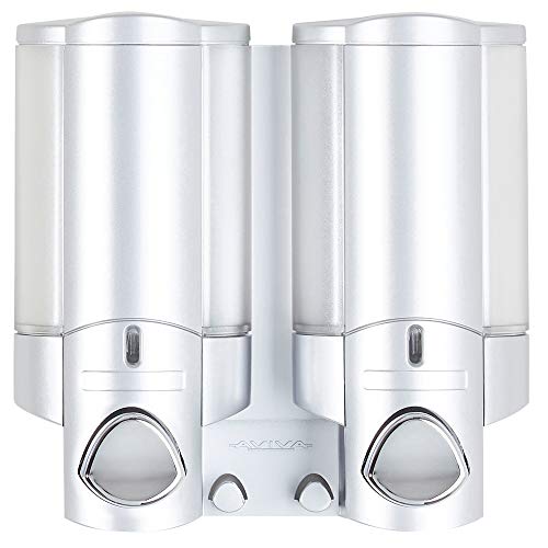 Better Living Aviva Wall Mount Shower Dispenser, 2 x 11oz, Satin Silver | 2 Chamber, Shampoo, Conditioner, Body Wash and Soap Dispenser, Built-in Hooks, No Drill, Waterproof Shampoo Soap Dispenser - color: Satin Silver, size: 2-Chamber