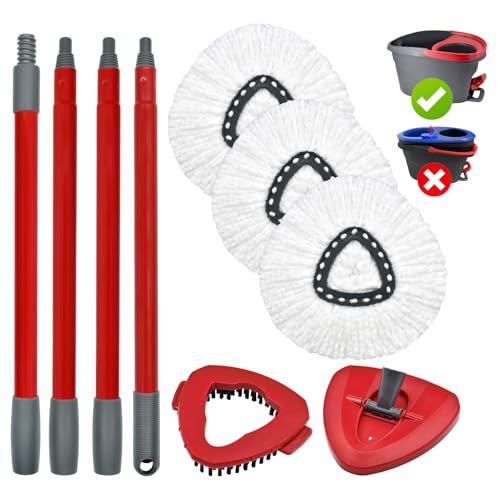 Mop Handle Mop Replace Heads and Mop Base Brush Replacement for O Cedar EasyWring 1-Tank System Include 3 Spin Mop Replacement Head, 4-Section Mop Handles, 1 Base and 1 Scrub Brush Combo - color: 3 White Mop Heads + 1 Set Mop Handle ( 1 Tank )