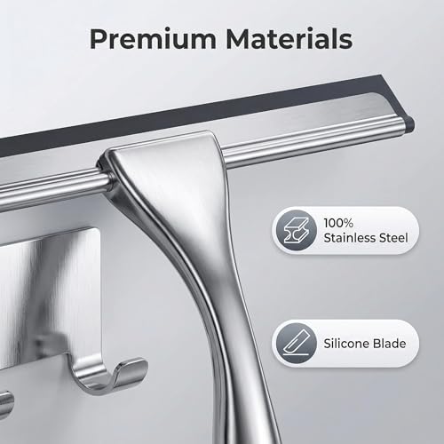 All-Purpose Stainless Steel Shower Squeegee - Shower Glass Door with Adhesive Hooks, Bathroom Cleaner Tool Household Window Mirror Squeegee, Cleaning Tile Wall, Car, 10 Inch Silver