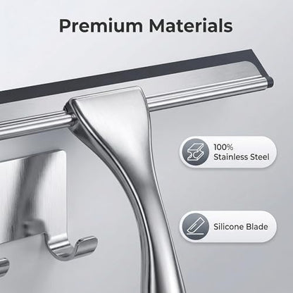 All-Purpose Stainless Steel Shower Squeegee - Shower Glass Door with Adhesive Hooks, Bathroom Cleaner Tool Household Window Mirror Squeegee, Cleaning Tile Wall, Car, 10 Inch Silver
