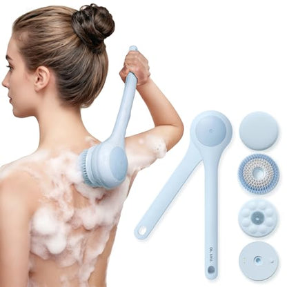 Electric Body Brush Back Scrubber for Shower, Waterproof Long Dual Handle Power Body Scrubber with 3 Heads, Bath Brush & 2 Speeds, for Cleansing, Exfoliating and Massaging Skin, Sky Blue