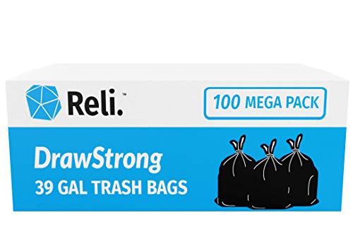 Reli. 39 Gallon Trash Bags Drawstring (100 Count) Large 39 Gallon Heavy Duty Drawstring Trash Bags, Garbage 39Gal Capacity, Lawn Leaf (39Gal, Black) - size: 1 Count (Pack of 100)