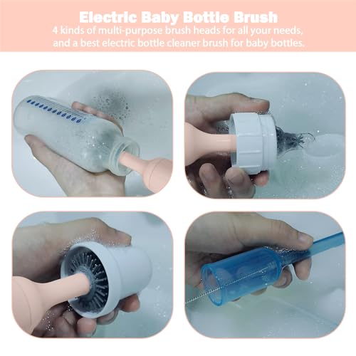 Electric Baby Bottle Brush Set with Rechargeable Electric Bottle Brush Cleaner and Replaceable Silicone Bottle Brushes and Straw Brush Cleaner, Waterproof Multi-Purpose Cleaning Brush(Pink) - color: Pink