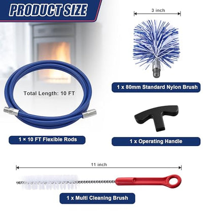 Dreyoo Pellet Stove Cleaning Brush Kit, 10 FT Flexible Steel Rod with 3" Brush Head, T Handle, Multi Purpose Flue Detail Cleaner, Nylon Stove Flue Pipe Kit for Pellet Furnace Exhaust Pipes - size: 10FT with 3" Brush Head