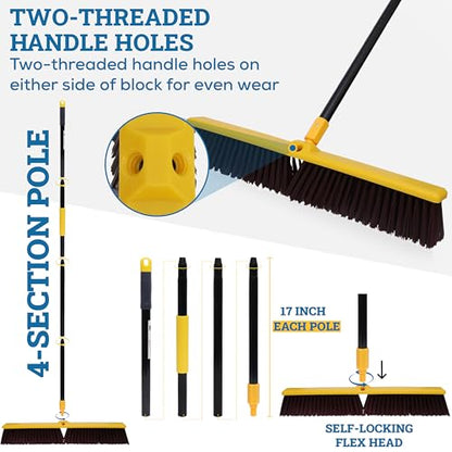KLEEN HANDLER 24" Heavy Duty Push Broom with 61" Long Extendable Metal Handle with Threaded Plastic Screw for Deck Driveway Garage Yard Patio Warehouse Hard Floor Cleaning - style: 24" Push Broom