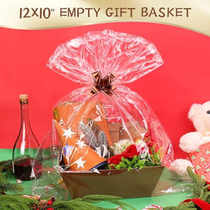 AFOROEOA 10PACK Baskets for Gifts Empty, 10x12”Thick Brown Gift Basket with Handles 10 Bows 10 Bags Empty Gift Baskets for Christmas Thanksgiving Wedding Birthday Party Wrapping Gift - color: 10PACK Brown