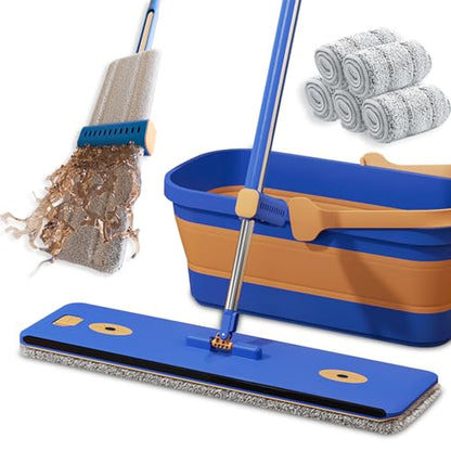 16.5" Self Wringing Flat Mop and Collapsible Bucket Set - Hands-Free Wet & Dry Microfiber Mop with Built-in Squeegee & 5 Washable Pads - Floor Cleaner for Hardwood, Laminate, and Tile - size: Mop & 5 microfiber mop pads & collapsible bucket
