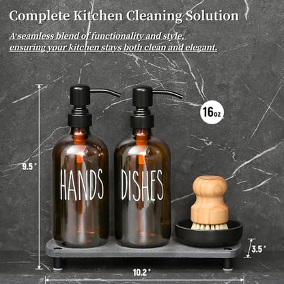 MOMEEMO Amber Glass Soap Dispenser Set Comes with Stainless Steel Pumps, Instant Dry Tray, and Dish Scrub Brush, Suitable for Soap Dispenser for Kitchen Sink. (Amber) - color: Amber1