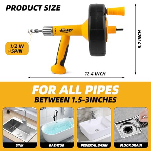Drain Augers, Clog Remover with Drill Adapter, 25 Feet Heavy Duty Flexible Plumbing Snake Use Manually or Powered