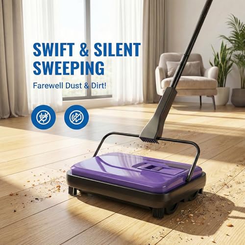 Manual Carpet Sweeper, Electric-Free Quiet Floor Sweeper with 300ml Easy-Empty Dustbin, 6.7” Cleaning Width for Pet Hair, Crumbs, Dust on Carpets, Hardwood, Tile - Home & Office Use (Purple) - color: Purple