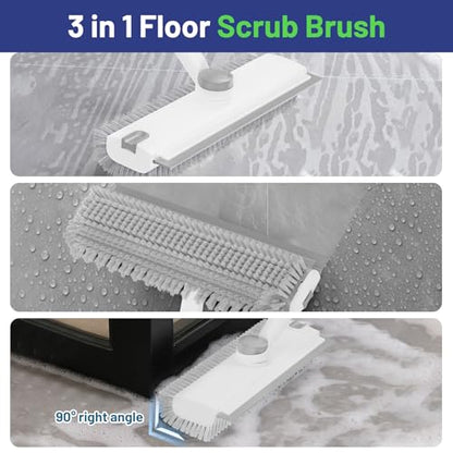 Floor Scrub Brush with Long Handle: 3 in 1 Heavy-Duty Floor Scrubber Brush with Squeegee for Cleaning Tile Bathroom Deck Kitchen Patio - White - color: White