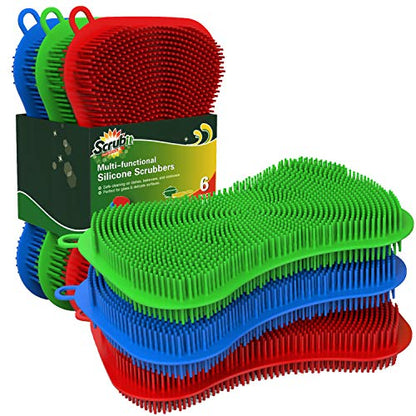 6 Pack Silicone Scrubbing Sponge by SCRUBIT - Real Silicon Non Scratch & Non Smell Kitchen Scrubber Pad for Dishes, Fruit, Vegetable - Reusable Cleaning Sponges - Multi-Colored Pads [Red, Green, Blue]