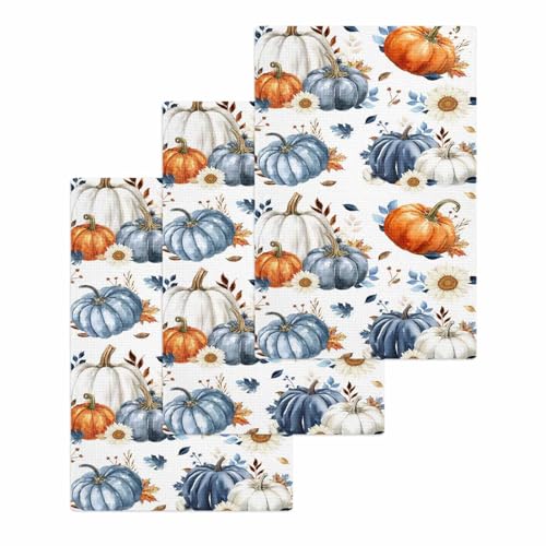 Fall Thanksgiving Pumpkin Hand Towels Set,Waffle Weave Kitchen Towels 3 Pieces,Watercolor Blue Orange Eucalyptus Microfiber Hair Bath Tea Towel Absorbent Quick Drying Cleaning Dish Cloths,15.7"x23.6" - color: Blue, size: 3PCS,15.7"x23.6"