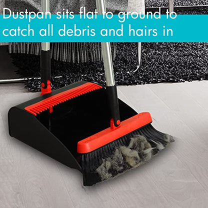 2-Pack Broom and Dustpan Combo Set, with 48" Adjustable Long Stainless Handles, Stand Up Dustpan with Self-Cleaning Teeth, Ideal for Home, Office, Kitchen, Indoor & Outdoor Use, Black