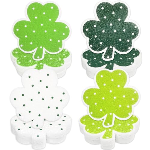 8Pcs St. Patrick's Day Kitchen Sponges Shamrock Clover Shaped Non Scratch Dish Washing Sponges Dot Pattern in 4 Colors for Irish Home Kitchen Cleaning