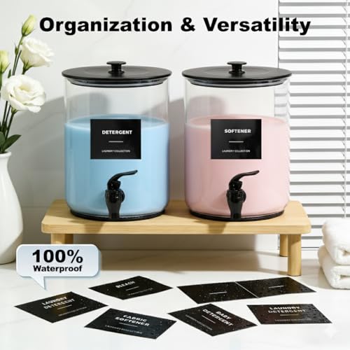 Glass Laundry Detergent Dispenser for Laundry Room Organization, 1 Gallon Large Liquid Soap Dispenser with Black Metal Lid & Leak-Proof Spigot, 2 Measured Cups, 2 Silicone Mats & 9 Labels (2, Black) - color: Black