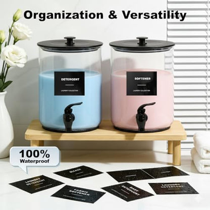Glass Laundry Detergent Dispenser for Laundry Room Organization, 1 Gallon Large Liquid Soap Dispenser with Black Metal Lid & Leak-Proof Spigot, 2 Measured Cups, 2 Silicone Mats & 9 Labels (2, Black) - color: Black