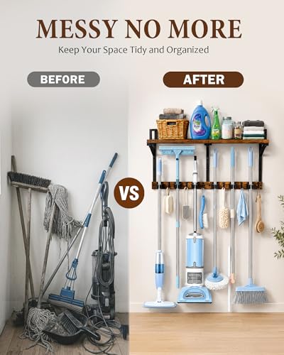 Lorbro Broom Holder Wall Mount with Cleaning Supplies Storage, Heavy Duty Broom and Mop Organizer Wall Hanging, Wooden Mop Organizer Hanger, 3 in 1 Storage Shelves for Laundry Room, Garage, Closet - size: Large