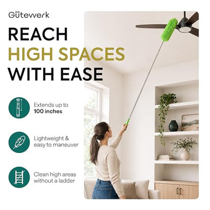 Gütewerk Extendable Microfiber Duster, 100 Inch - Feather Dusters for Cleaning Ceiling Fans, Blinds, Baseboards & High Ceilings - Washable, Electrostatic, 360° Bendable Head, Stainless Steel Pole - color: Green, size: up to 100 inch