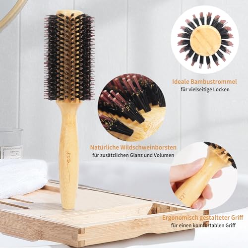 Vista Round Hair Brush with 10mm Boar Bristle 15mm Nylon Bristle Hairbrushes for Women Bamboo Hair Brush Styling with Tail Comb for Blow Drying, Shiny, Smooth, Long, Curly Hair - color: Large Bamboo