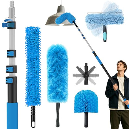 25FT Reach High Ceiling Duster Kits with 5-20FT Adjustable Pole - Includes Extra Long Duster, High Ceiling Duster, Rotatable Window Squeegee & Cobweb Duster for Ceiling Fans and Whole House Cleaning - color: Blue, size: 20FT
