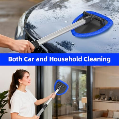 Windshield Cleaner Tool with Extendable Aluminum Handle (Up to 19.7"), Streak-Free Auto Glass Cleaning Kit with 4 Thick Microfiber Pads & Spray Bottle, Inside Window Defogger Accessories - color: Blue
