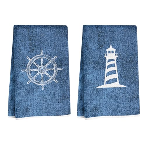 Nautical Hand Kitchen Towels 24x14 Inch - Reusable Dish Towels for Kitchen Bathroom Decor, Waffle Weave Microfiber, Quick Dry, Absorbent, Coastal Bathroom Decor, Set of 2, Navy Blue, Square - color: Boat & Lighthouse