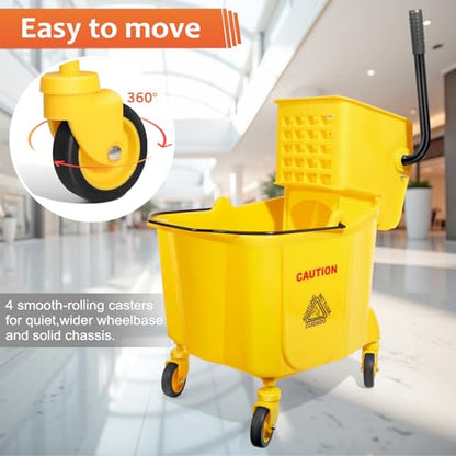 35 Qt Commercial Mop Bucket with Side Press Wringer on Wheels Set | Including 35 Quart Industrial Mop Bucket |1 Commercial Mop |1 Wet Floor Caution Sign | Yellow