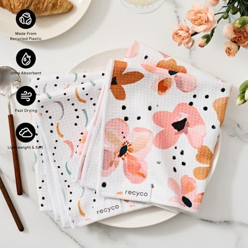 RECYCO Waffle Kitchen Towel Set of 2 - Quick Dry Microfiber Sustainable Dish Towels - Ultra Absorbent Reusable Cleaning Tea Towels - Lightweight Hand Towels,16”x 28”, Blossom Breeze - color: Blossom Breeze