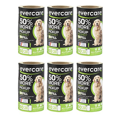 Evercare Pet Lint Roller Refill, Manual Operation, 60 Sheets per Roll, 6 Count Refill Pack for Pet Hair Removal, Green - size: Pack of 6 (360 Sheet Count)
