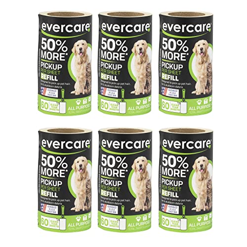 Evercare Pet Lint Roller Refill, Manual Operation, 60 Sheets per Roll, 6 Count Refill Pack for Pet Hair Removal, Green - size: Pack of 6 (360 Sheet Count)