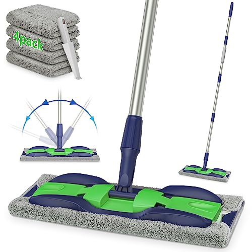 Microfiber Mops for Hardwood Floor Cleaning: MEXERRIS Flat Floor Mop with 4 Washable Pads 59" Adjustable Handle - Dust Dry Mops for Kitchen Bathroom Tile Laminate Wood Vinyl - Home Commercial Mop - color: Green