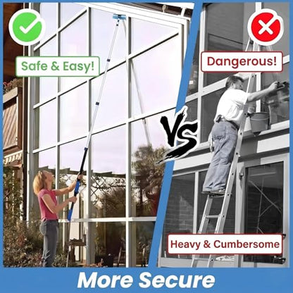 36ft High Ceiling Duster Kits with 5-30ft Heavy Duty Extension Pole - Fan Blade Cleaner, Cobweb Remover & Blue Window Squeegee Kit, Washable Dust Brush for High Roof and Glass Surfaces - size: 30FT