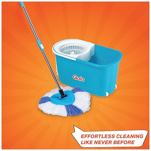 Gala e-Quick Spin Floor Cleaning Mop Set with 2 Microfiber Refills, Easy Wheels, Big Bucket & Wringer for Home, Household Cleaner Accessories (White & Blue)