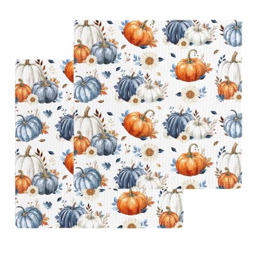 Fall Thanksgiving Pumpkin Dish Towels Set,Waffle Weave Kitchen Towels 2 Pieces,Watercolor Blue Orange Eucalyptus Microfiber Hair Face Bath Tea Towel Absorbent Quick Drying Cleaning Dish Cloths,12"x12" - color: Blue, size: 2PCS,12"x12"