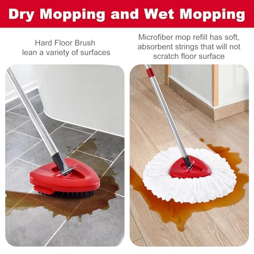 Mop Heads Replacement Compatible with O-Cedar EasyWring 1-Tank System, Includes 2 Microfiber + 2 Chenille Refills + 1 Scrub Brush + 1 Spin Mop Base for Hard Floor Cleaning - color: 2red+2white