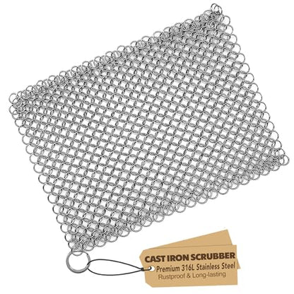 TOPULORS Cast Iron Scrubber 316 Stainless Steel Skillet Cleaner 8"x6" Chainmail Scrubber Scraper Chain Mail Link Scrub for Cast Iron Pre-Seasoned Pans, Griddles, BBQ Grills, and Pot Cookware Cleaning - size: Rectangle - 8× 6 inches