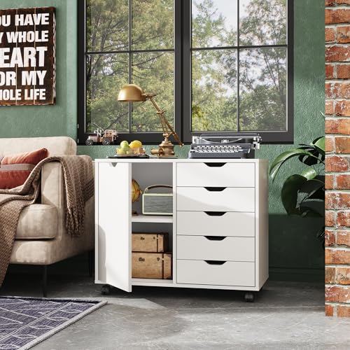 DEVAISE 5-Drawer Wood Drawer Cabinet, Office Storage Cabinet with Adjustable Shelf & Wheels, Printer Stand for Home Office, White - color: White