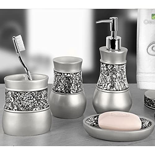 Creative Scents Crackled Glass Silver Bathroom Accessory Set – 4-Piece Vanity Set Includes: Lotion Soap Dispenser, Toothbrush Holder, Tumbler, and Soap Dish - style: 4 Pc Set