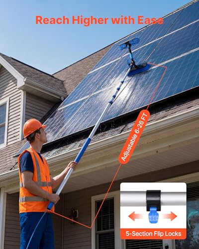 VEVOR Solar Panel Cleaning Kit, 26 ft, Water Fed Pole Kit with Cleaning Brush, Soap Dispenser, Extendable Aluminum Telescopic Pole, 180° Rotatable Brush Head, for Roof Mounted Solar Panels, Windows - size: 26 Ft
