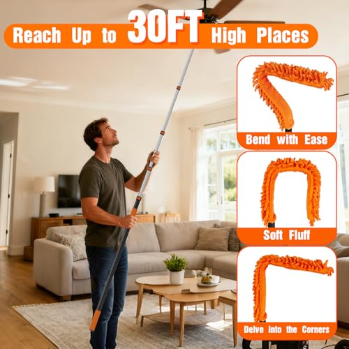 SISUPASSIE 30FT Reach High Ceiling Duster Kit, Window Cleaning kit with 5-24FT Extension Pole, Fan Duster for Ceiling Fan Blades, Microfiber Feather Duster, Rotatable Window Squeegee and Cobweb Duster - size: 24FT