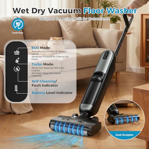 OLIXIS Wet Dry Vacuum Cleaner, Cordless All-in-One Vac Mops, Vacuum Mop with Self-Cleaning System, Dual Water Tank Design, Tangle-Free Brush, Dual-Edge Cleaning, 35-Min Runtime - color: Jet Black